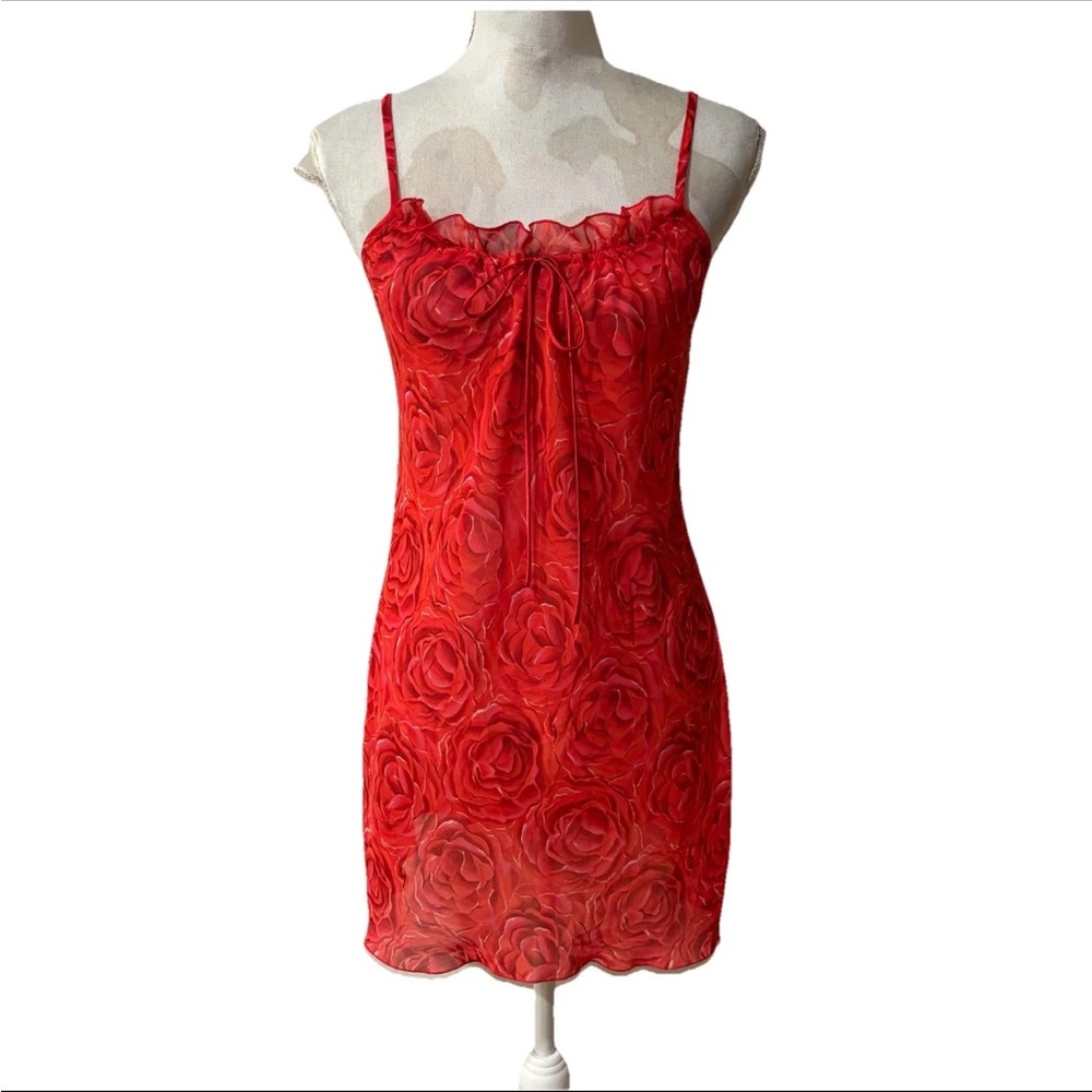 JOSIE Natori Red Floral Rose Slip Nightie Dress Tie Ruffle Neck Size ?